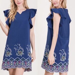 🆕 Love Kuza Navy Embroidered Floral Scalloped Ruffle Shift